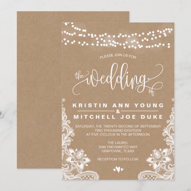 Kraft Lace y enciende la invitación a la boda rúst (Anverso / Reverso)