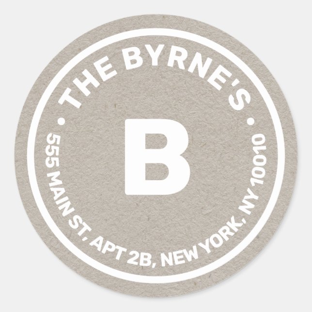 Kraft Monogram Address Classic Round Pegatina (Anverso)