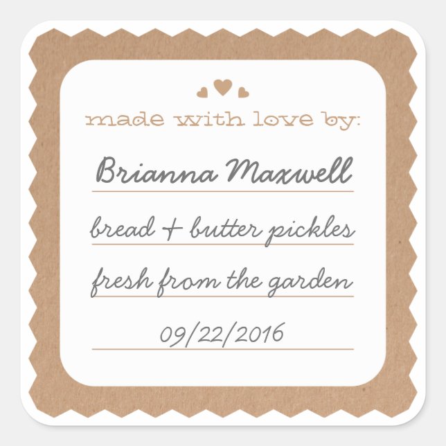 Kraft Paper Hearts Food Gift Label Pegatina cuadra (Anverso)