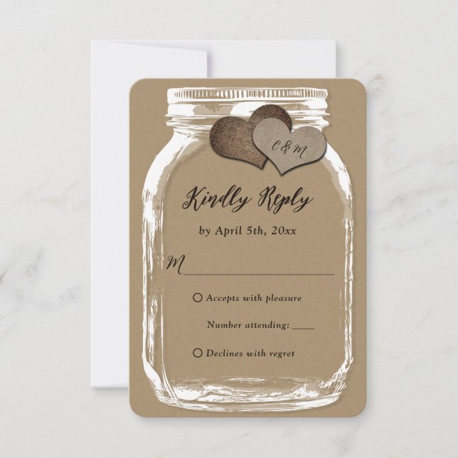 Kraft Paper Mason Jar Dos Corazones Boda RSVP (Anverso)
