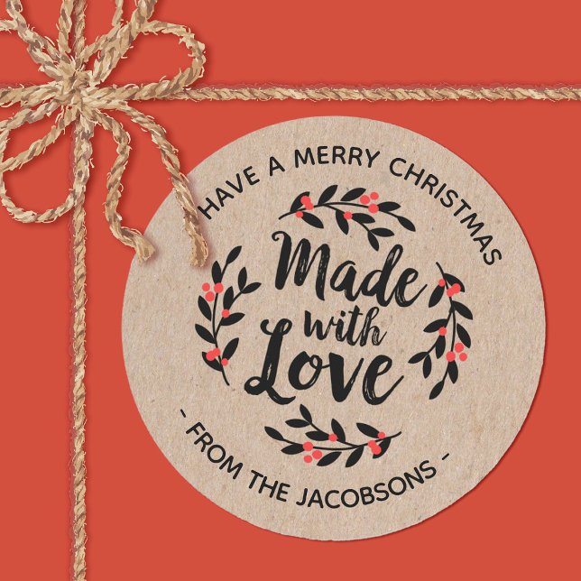 Kraft personalizado hecho con la etiqueta de Navid (A cute Christmas berry made with love sticker. Fun for embellishing holiday gifts.)