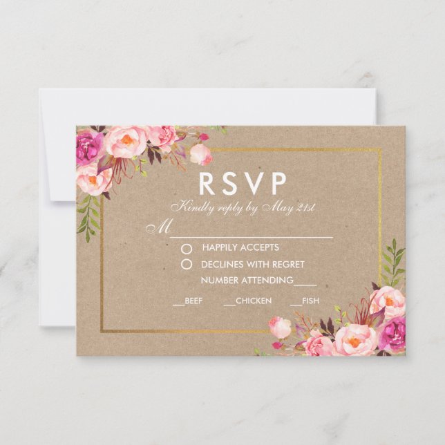 Kraft Pink Floral Gold RSVP Tarjeta de Boda (Anverso)