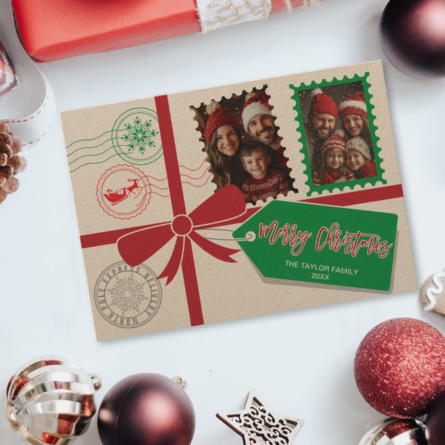 Kraft Red Green Gift Bow Foto Feliz Navidad (christmas card designed to look like a gift with a ribbon and bow)