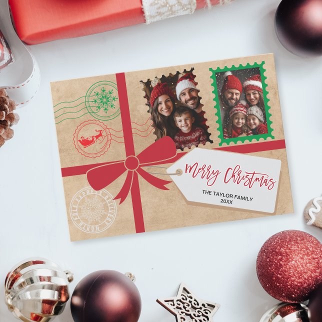 Kraft Red Green Gift Bow Foto Feliz Navidad (christmas card designed to look like a gift with a ribbon and bow)