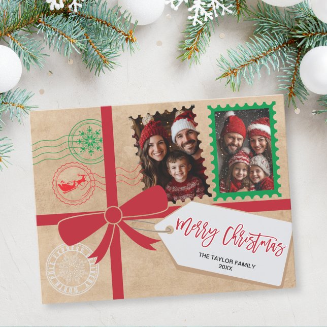 Kraft Red Green Gift Bow Foto Feliz Navidad (christmas card designed to look like a gift with a ribbon and bow)