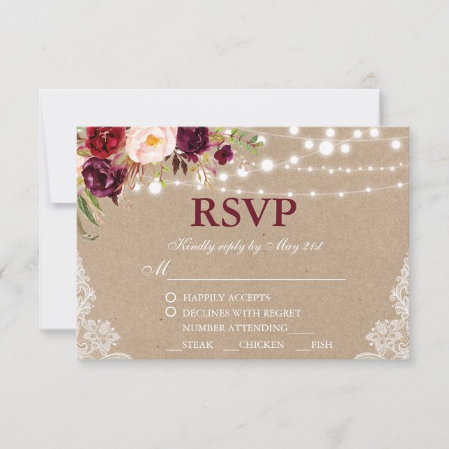 Kraft Rústico Boda Lace Floral RSVP con carne B (Anverso)