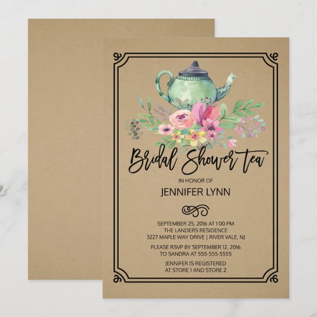 Kraft Watercolor Bridal Shower Tea Invitación (Anverso / Reverso)