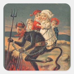 Krampus con pegatinas navideñas cargadas de niño