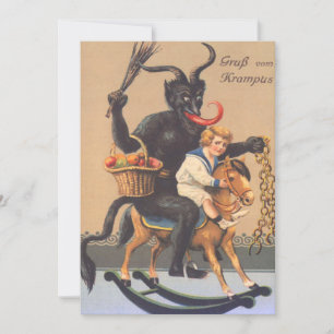 Krampus montando un caballito de madera con un niñ