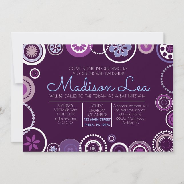 KRAZY POLKA DOT Bat Mitzvah Invitación Purple (Anverso)