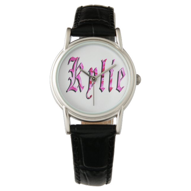 Kylie, Nombre, Logo, Señoras Reloj de Cuero Negro. (Anverso)