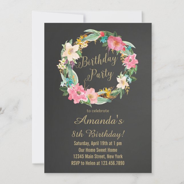 La acuarela florece la invitación del cumpleaños (Anverso)