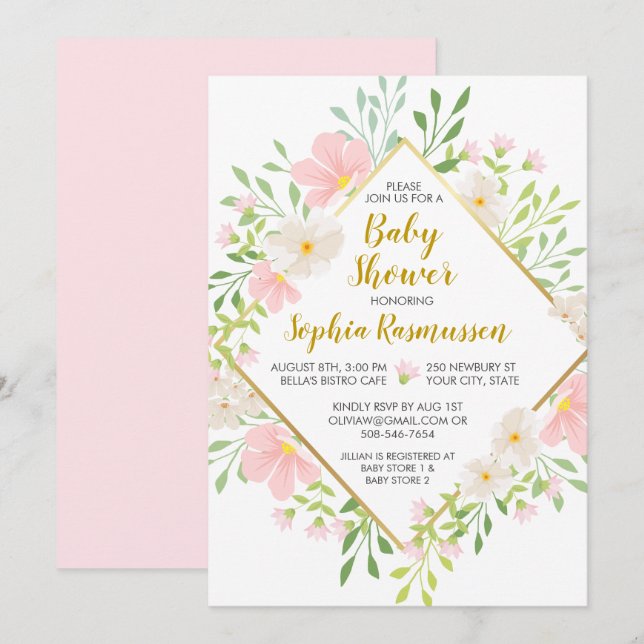 La acuarela rosada florece la invitación de Baby (Anverso / Reverso)