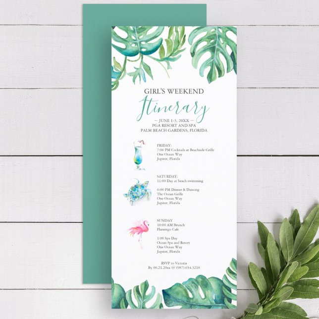 La acuarela tropical verde deja el fin de semana I (girl's weekend invitation itinerary tropical watercolor art by Victoria Grigaliunas)