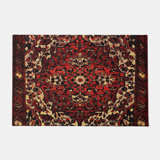 La alfombra persa se ve en rojo oscuro y crema  (Anverso)