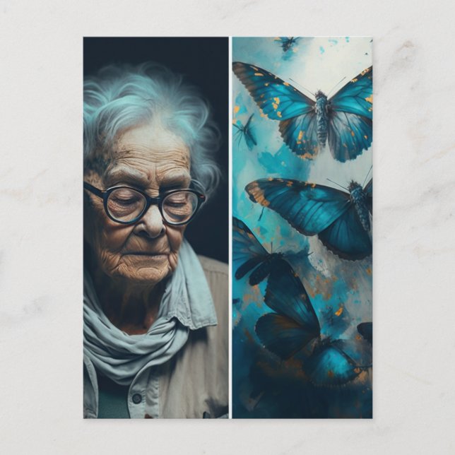 La anciana con la postal de las mariposas azules (Anverso)