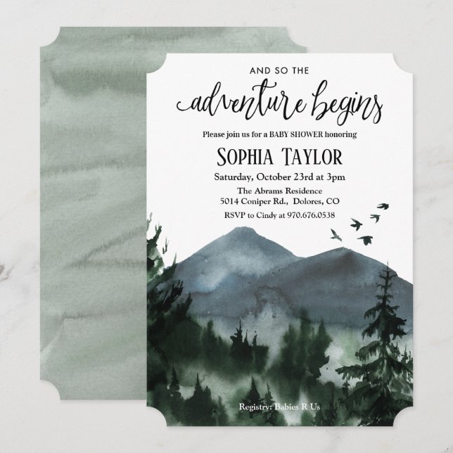 La aventura comienza la invitación de Baby Shower (Anverso / Reverso)