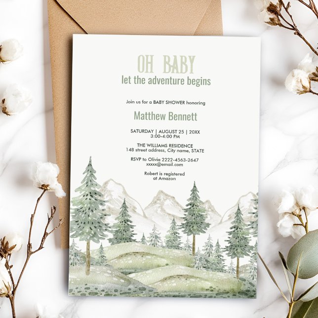La aventura forestal comienza con la invitación a  (Charming sage green watercolor forest baby shower invitation)