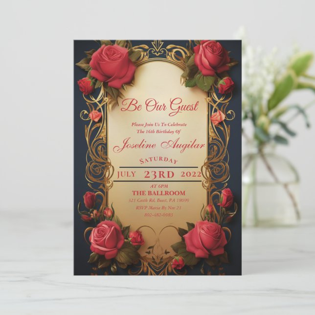 La belleza y la bestia Rosa dulce 16 invitaciones (Anverso de pie)