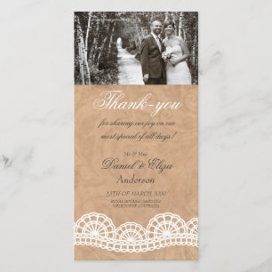 La boda del cordón del vintage le agradece tarjeta