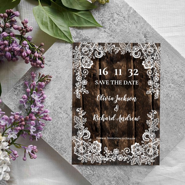 La boda rústica de los encajes de madera salva la  (Rustic Wood Lace Country Wedding Save the Date)