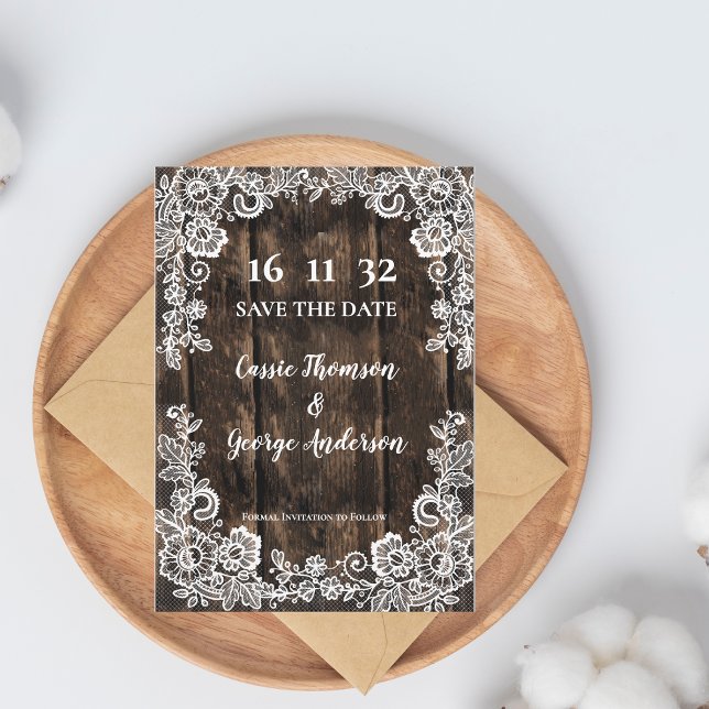 La boda rústica de los encajes de madera salva la  (Rustic Wood Lace Country Wedding Save the Date)