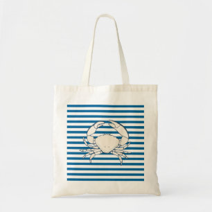 La bolsa de asas azul y blanca del cangrejo blanco