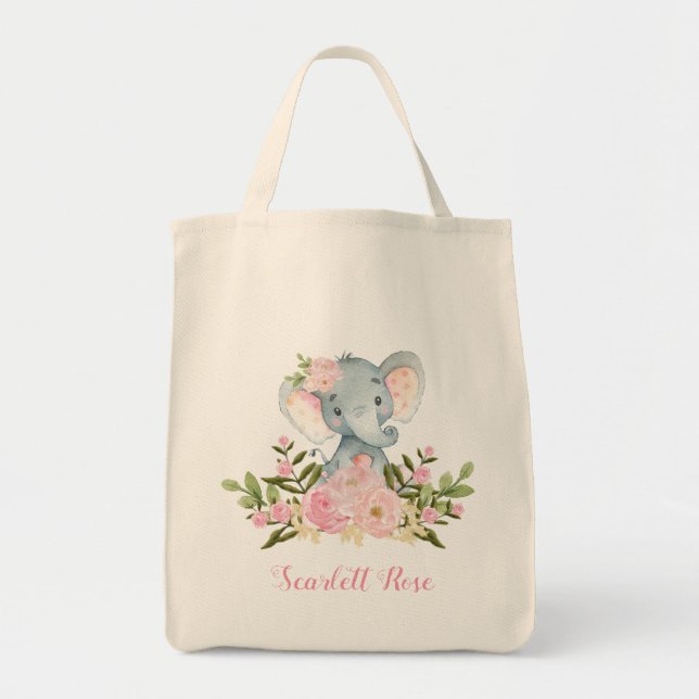 La bolsa de asas floral rosada linda del elefante (Frente)