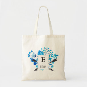 La bolsa de asas personalizada inicial floral azul