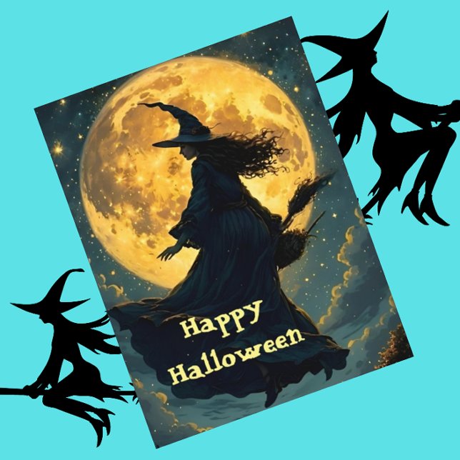 La bruja volando sobre la tarjeta postal de Hallow (Subido por el creador)