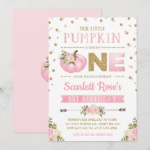 La calabaza primera invitación de cumpleaños rosad