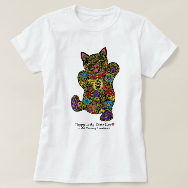 La camiseta de la mujer afortunada feliz del gato (Diseño del anverso)