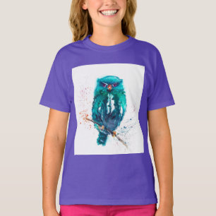 La camiseta del chica del búho de la acuarela