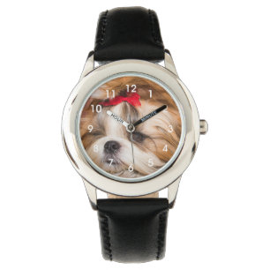La cara del reloj de la foto del perro mascota