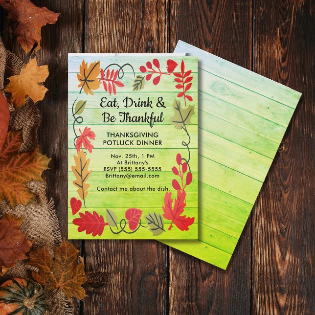 La cena de la fiesta de gracias Potluck LT Invitac (Thanksgiving Potluck Dinner LT Green Wood Invite)