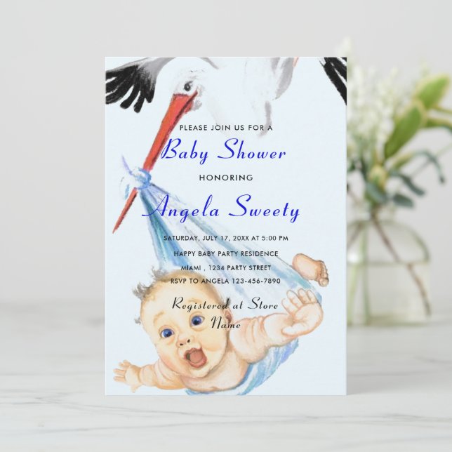 La cigüeña lleva a Baby Boy Invitación a la ducha  (Anverso de pie)