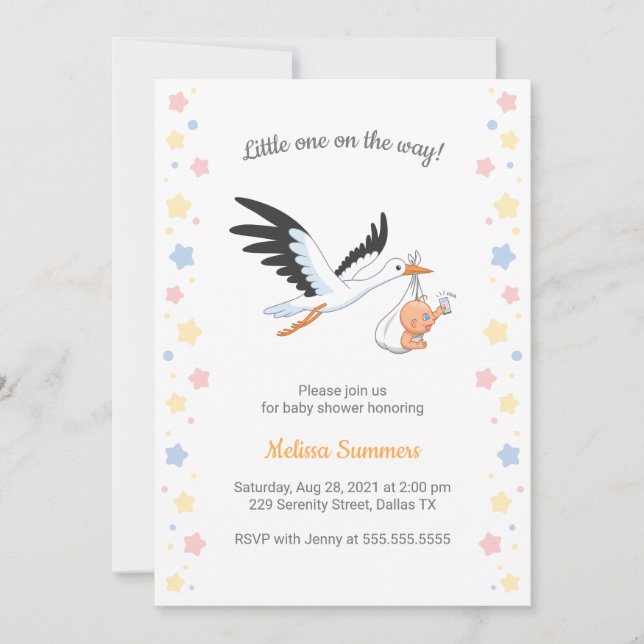 La cigüeña lleva la invitación a Baby Shower de Ba (Anverso)