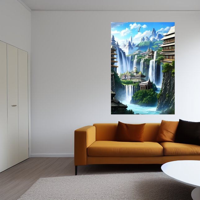 La ciudad y la gran cascada | Poster de arte de IA (Subido por el creador)