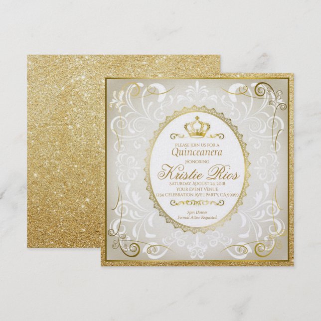 La Corona de Oro, Elegante, Invitación Quinceanera (Anverso / Reverso)