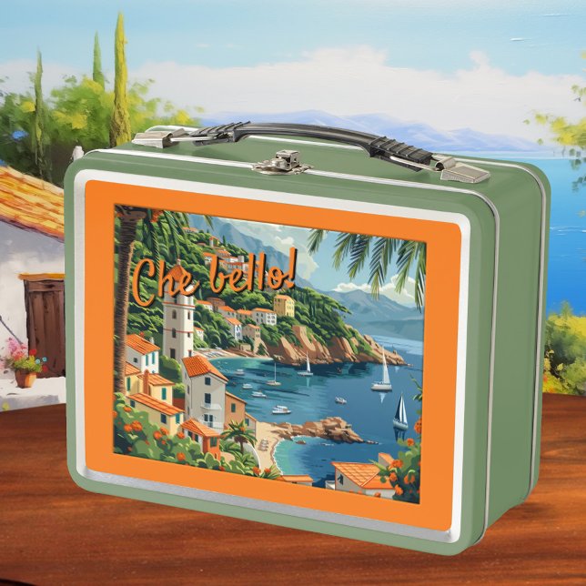 La Costa Italiana Divertida Ilustrada Retro (Lunch box featuring a colorful illustration of the Italian coast.)