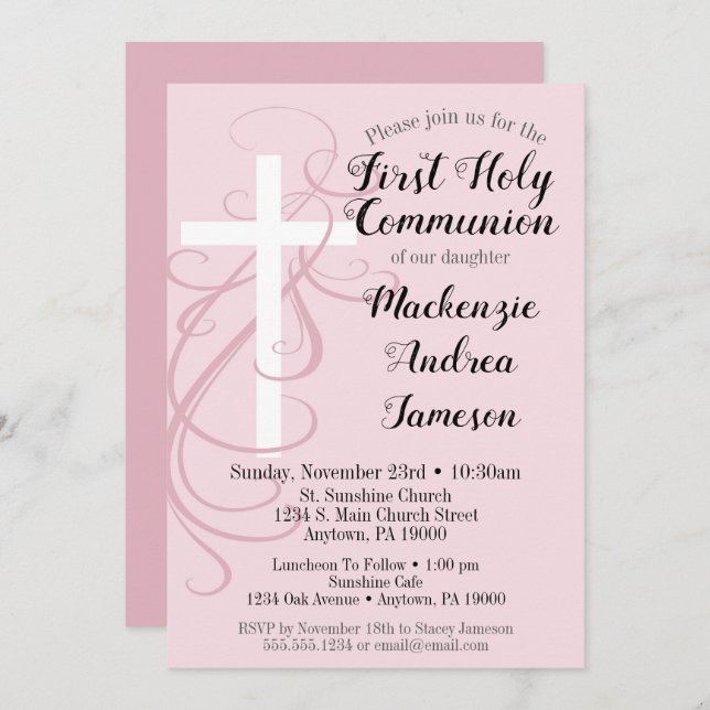 La Cruz De Swirl Rosa Primero Invitación De La Com (Anverso / Reverso)