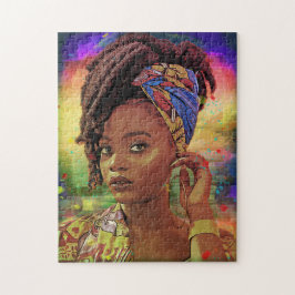 La dama africana con el rompecabezas de Locd Hair