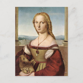 La dama de Raphael con una postal de Unicornio