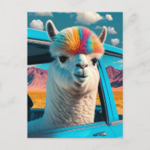 La divertida Alpaca en una postal de arte automovi