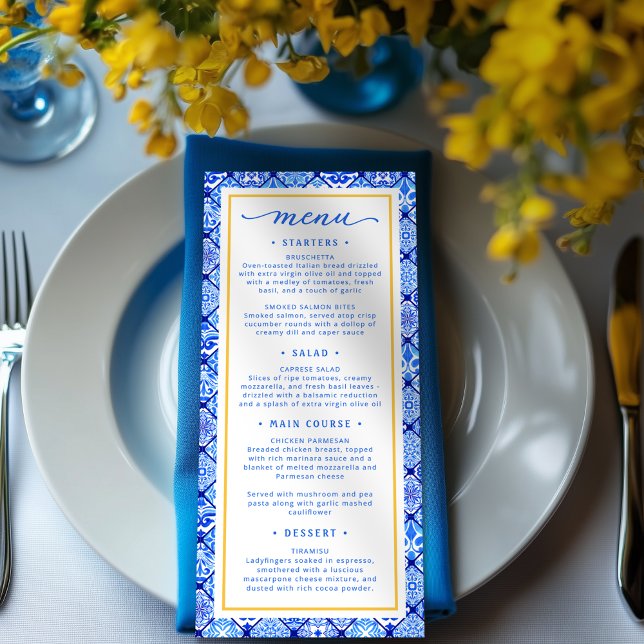 La Dolce Vita Menú de ducha de novia mediterránea (Shown on a 4" x 9" menu card)