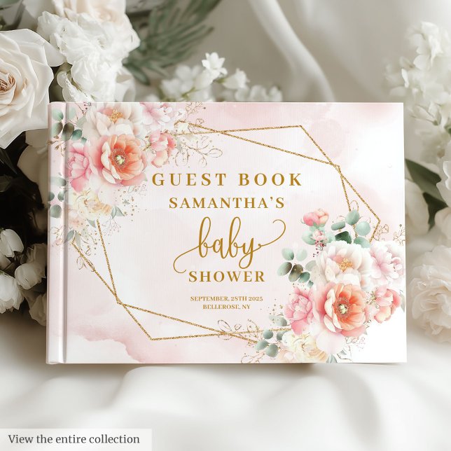 La ducha es rosa y dorada, el libro de invitados e (Baby shower blush pink and gold floral guest book)