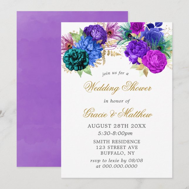 La ducha Fiesta Peacock Gold Wedding Invita (Anverso / Reverso)
