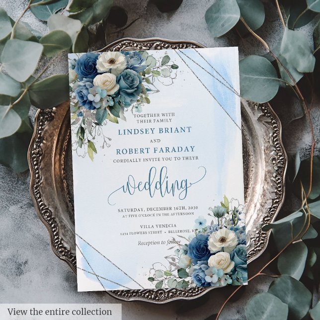 La encantadora invitación a la boda de las rosas b (Lovely Navy Blue Silver White Roses Wedding Invite)