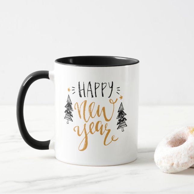 La Feliz Año Nuevo linda redacta la taza (Con donut)