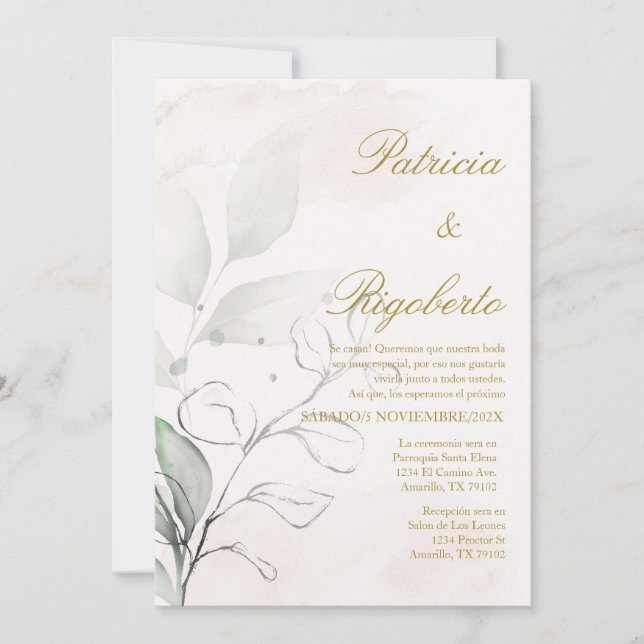 La flor verde elegante invitación a la boda en esp (Anverso)